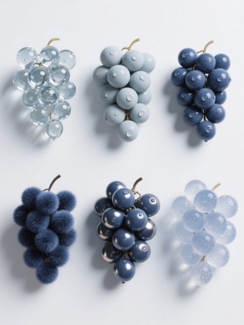 白色纯色背景上，6个完全不同材质的同造型葡萄串系列素材规整排布。每个葡萄串保持原图写实风格的圆形颗粒聚合形态、水滴分布位置和整体饱满轮廓，分别呈现：1. 晶莹剔透的玻璃质感，带有折射光斑和透明水滴；2. 哑光陶瓷材质，表面有细微磨砂纹理和柔和高光；3. 金属质感，呈现深蓝色金属光泽，水滴凝结成金属液珠效果；4. 柔软绒毛质感，表面覆盖短密深蓝色绒毛，水滴湿润绒毛形成深色晕染；5. 光滑塑料质感……预览效果