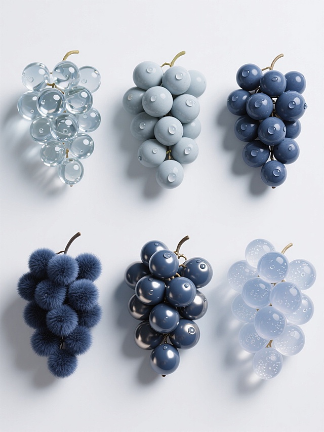 白色纯色背景上，6个完全不同材质的同造型葡萄串系列素材规整排布。每个葡萄串保持原图写实风格的圆形颗粒聚合形态、水滴分布位置和整体饱满轮廓，分别呈现：1. 晶莹剔透的玻璃质感，带有折射光斑和透明水滴；2. 哑光陶瓷材质，表面有细微磨砂纹理和柔和高光；3. 金属质感，呈现深蓝色金属光泽，水滴凝结成金属液珠效果；4. 柔软绒毛质感，表面覆盖短密深蓝色绒毛，水滴湿润绒毛形成深色晕染；5. 光滑塑料质感，颜色均匀带有轻微反光，水滴呈现规则半球状；6. 半透明果冻质感，内部有细腻气泡，光线穿透呈现柔和渐变，水滴与表面融合自然过渡。所有葡萄串保持相同的光影方向，整体构图均衡对称，展现材质特性的同时保持系列统一性。