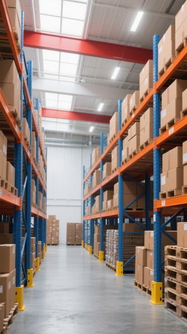 写实风格的现代仓库内部，高亮度自然光与人工照明结合，光线均匀照亮整个空间，白色天花板搭配红色横梁，蓝色金属货架带有橙色层板和黄色警示底座，货架上整齐堆放着大量棕色纸箱，不同样式的仓库布局，可能包含不同高度的货架排列、部分区域的托盘堆叠方式变化或不同尺寸的储物单元，整体保持工业风的简洁与秩序感，色彩以蓝、橙、棕、白为主色调，地面为灰色水泥质感，空间通透，结构清晰，营造出高效、整洁的仓储氛围。预览效果