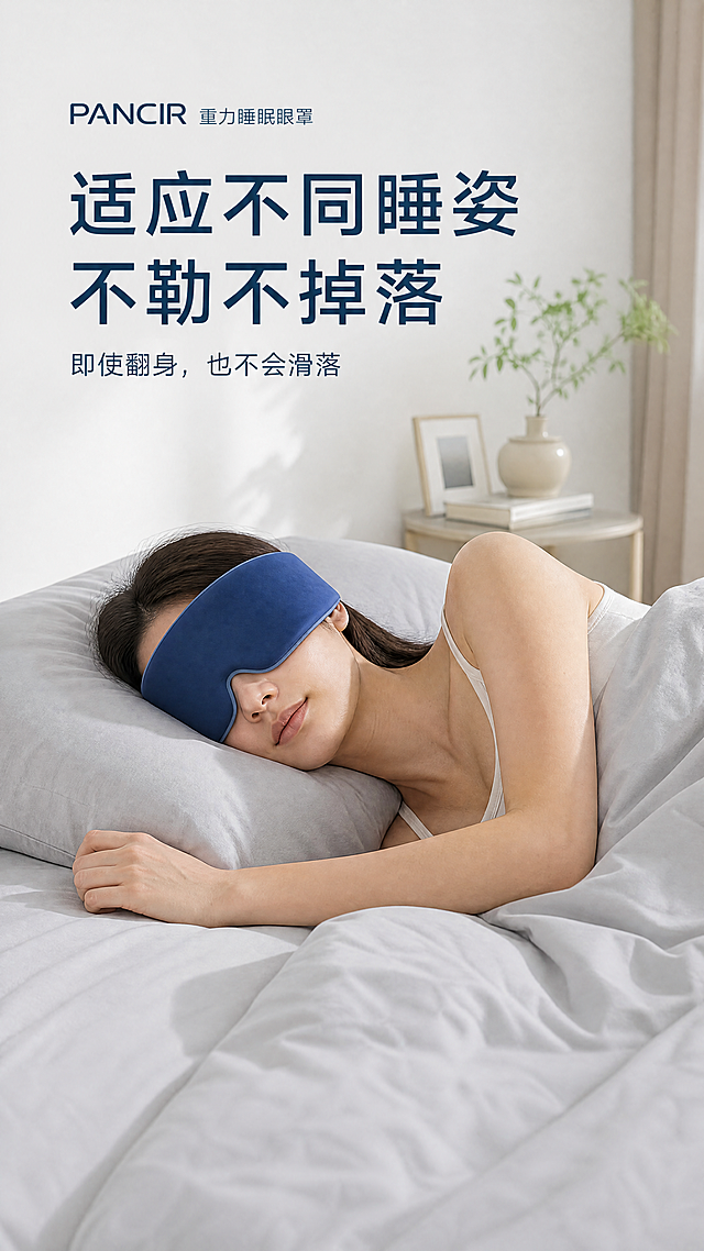使用商品详情页技能根据商品图「图片1」生成1套详情页，参考图为「图片1」「图片1」「图片1」「图片1」「图片1」「图片1」「图片1」「图片1」「图片1」「图片1」，商品名称为重力睡眠眼罩，卖点为“物理褪黑素”，轻压助眠 约2509颗重力珠科学配比，温和均匀的体表压力 → 激活副交感神经 → 降低皮质醇 → 缓解睡前焦虑，从根源减少入睡阻碍。 >99% 全遮光，无惧漏光 贴合眉骨、鼻梁曲线，拒绝边角透光。办公室午睡、卧室遮光、户外露营、入睡困难……随时营造“黑夜级”睡眠环境。 穴位轻压，舒缓眼周 精准对应睛明、攒竹、太阳穴、丝竹空穴，轻压不压眼球，边放松边安眼。 四季舒适，软糯无异物感 自沾布设计，告别塑料魔术贴；轻柔包覆头部，不勒不压，四季可用。 恒定物理压力可使夜间褪黑素分泌量 提升32%。“轻压遮光双重加持，唤醒身体睡眠信号——你的专属物理褪黑素。”，适配平台为淘宝/天猫，图片比例为9:16，需求屏数为8张，其他要求为根据提供的内容，整理如下：  ---  ## 产品名称   **PANCIR 轻压感遮光助眠眼罩**（重力珠款）   *“轻压助眠，你的专属物理褪黑素”*  ---  ## 核心功能与特点   - **遮光率 >99%**：适合办公室午睡、卧室遮光、户外露营、入睡困难等场景   - **重力助眠**：约2509颗重力珠科学配比，温和均匀的体表压力，不重不压眼   - **穴位按压**：对应睛明、攒竹、太阳穴、丝竹空穴，轻压眼球周围穴位   - **贴合设计**：贴合眉骨、鼻梁，拒绝边角漏光   - **舒适佩戴**：自沾布设计，告别塑料魔术贴，软糯无异物   - **四季可用**：轻压感，四季安睡
