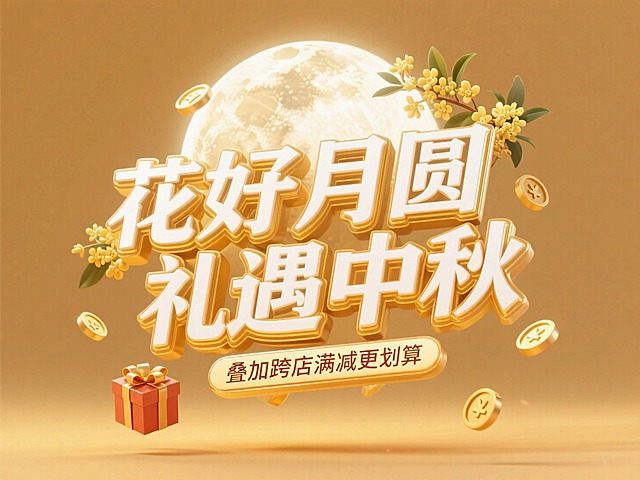 大标题“花好月圆 礼遇中秋”（白色字金色边）底部悬浮副标题""叠加跨店满减更划算""周围漂浮着金币与礼品盒，字体后面有一个超级大月亮，周围点缀桂花元素，暖金色调，纯色背景