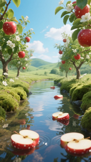 超写实3D渲染风格，画面中央是一条清澈见底的小溪，溪水中漂浮着几片鲜红带白色斑点的苹果切片，水面波光粼粼，倒映着天空和周围景物。溪水两岸长满了翠绿的苔藓，几棵挂满红彤彤带白色斑点苹果的果树从两侧向中间延伸，枝头点缀着白色的小花和绿色的叶子。背景是蓝天白云，远处隐约可见连绵的绿色山丘，整体色调明快鲜亮，光影效果细腻，阳光透过树叶洒下斑驳的光影，营造出清新自然、生机勃勃的田园氛围。预览效果
