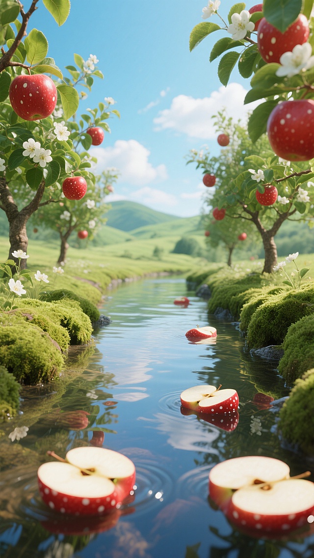 超写实3D渲染风格，画面中央是一条清澈见底的小溪，溪水中漂浮着几片鲜红带白色斑点的苹果切片，水面波光粼粼，倒映着天空和周围景物。溪水两岸长满了翠绿的苔藓，几棵挂满红彤彤带白色斑点苹果的果树从两侧向中间延伸，枝头点缀着白色的小花和绿色的叶子。背景是蓝天白云，远处隐约可见连绵的绿色山丘，整体色调明快鲜亮，光影效果细腻，阳光透过树叶洒下斑驳的光影，营造出清新自然、生机勃勃的田园氛围。