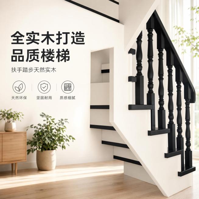 [单张主图] 商品名称全实木楼梯，生成高级氛围感电商主图，目标突出全实木材质优势
[画面主体] 楼梯保持原产品黑白配色、物理结构、材质质感与输入图片绝对一致，杜绝任何变形和色差，精细化处理扶手和踏步细预览效果
