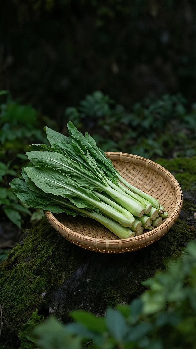参考图片风格，一张山野蔬菜海报，新鲜山野蔬菜放在竹编篮子里，背景是深绿色苔藓深色自然环境，没有任何文字，简约自然风格，深色背景