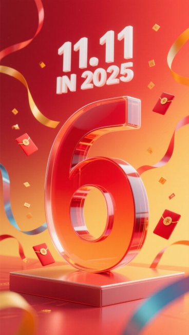 红色渐变磨砂玻璃质感数字 “6”，在“6”下面加一个和“6”有相同的质感展示台整个背景为红色到橙黄色的渐变。顶部设置白色 “11.11” 数字与 “IN 2025” 文字，数字周围装饰红包元素，有彩带预览效果