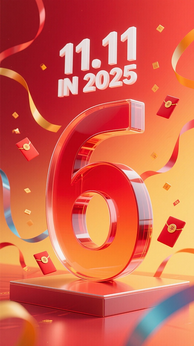 红色渐变磨砂玻璃质感数字 “6”，在“6”下面加一个和“6”有相同的质感展示台整个背景为红色到橙黄色的渐变。顶部设置白色 “11.11” 数字与 “IN 2025” 文字，数字周围装饰红包元素，有彩带，促销氛围