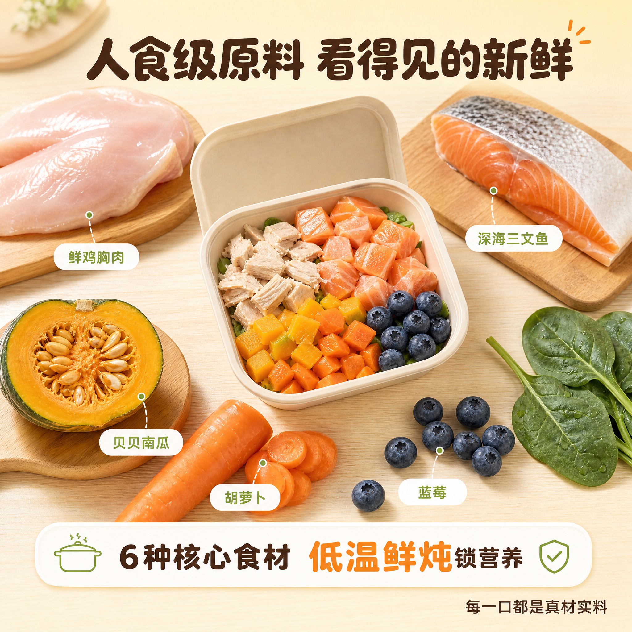 [主图-3] 宠物预制菜真实原料与成分来源图，任务是展示人食级… - 图片创意预览