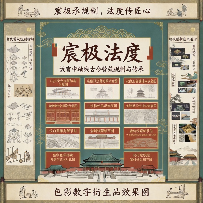 中式卷轴补充组件标注图，包含斗拱咬合抗震结构示意图、庑殿顶流体力学示意图、汉白玉台基排水示意图、金砖地坪铺设示意图，斗拱构件肌理、庑殿顶瓦件排布、汉白玉雕刻、金砖纹理细节图，古代材份制与现代模块化对比预览效果