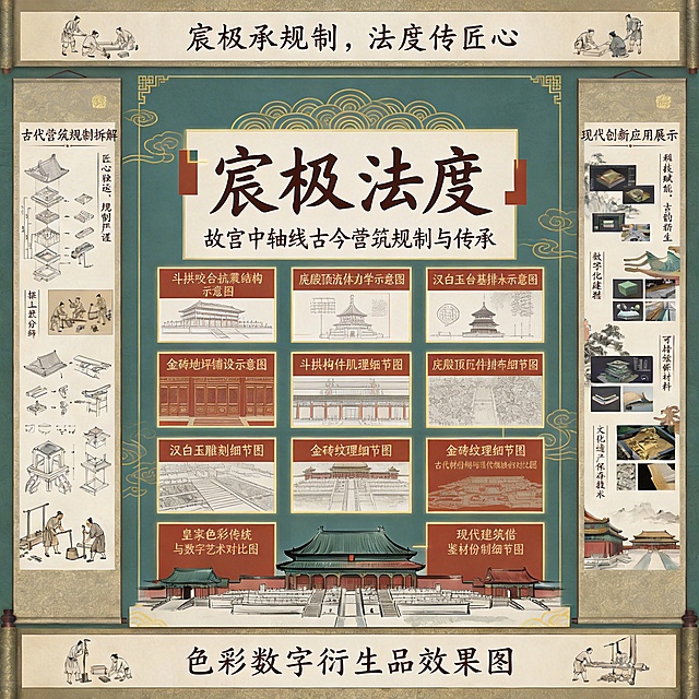 中式卷轴补充组件标注图，包含斗拱咬合抗震结构示意图、庑殿顶流体力学示意图、汉白玉台基排水示意图、金砖地坪铺设示意图，斗拱构件肌理、庑殿顶瓦件排布、汉白玉雕刻、金砖纹理细节图，古代材份制与现代模块化对比图，皇家色彩传统与数字艺术对比图，现代建筑借鉴材份制细节图、色彩数字衍生品效果图，排布协调不杂乱，主色调为故宫石青色、朱砂色，点缀金黄色纹样，文字为深棕色书法字体