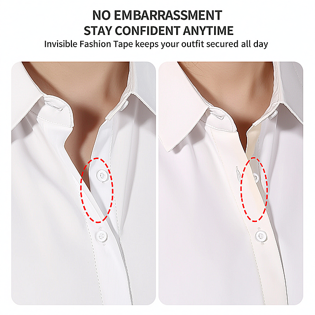 Before and after comparison showing effect of fashion tape, left side: gap on white shirt that is slipping, right side: after using tape the shirt stays closed, English text "NO EMBARRASSMENT STAY CONFIDENT ANYTIME", "Invisible Fashion Tape keeps your outfit secured all day", consistent font style, 1:1 square, clean comparison layout, American style, for e-commerce product page, highlight the benefit of using the tape