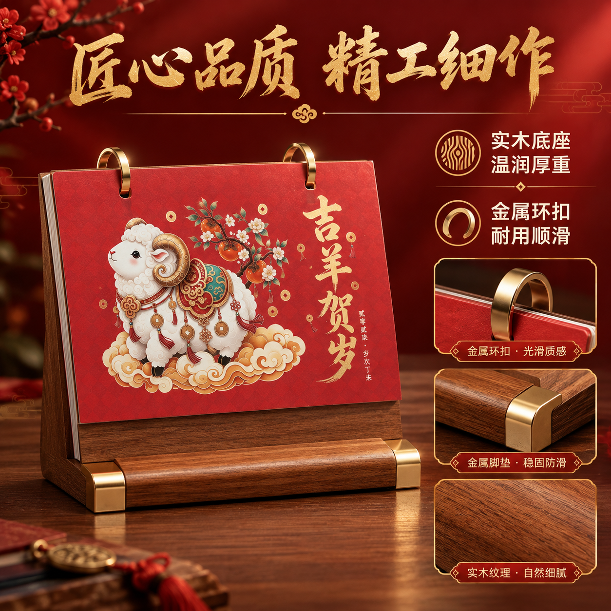 [主图-2] 核心卖点证明图，展示实木底座与金属环配件的品质工… - 图片创意预览