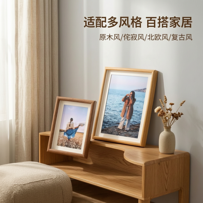 [主图-3] 风格搭配原木风场景展示实木相框。
[氛围风格] 温馨日式原木风客厅氛围，自然清新；
[画质] 商业摄影质感、光线柔和通透、产品清晰真实、画面干净高级。
[元素] 实木相框摆放在原木沙发旁预览效果