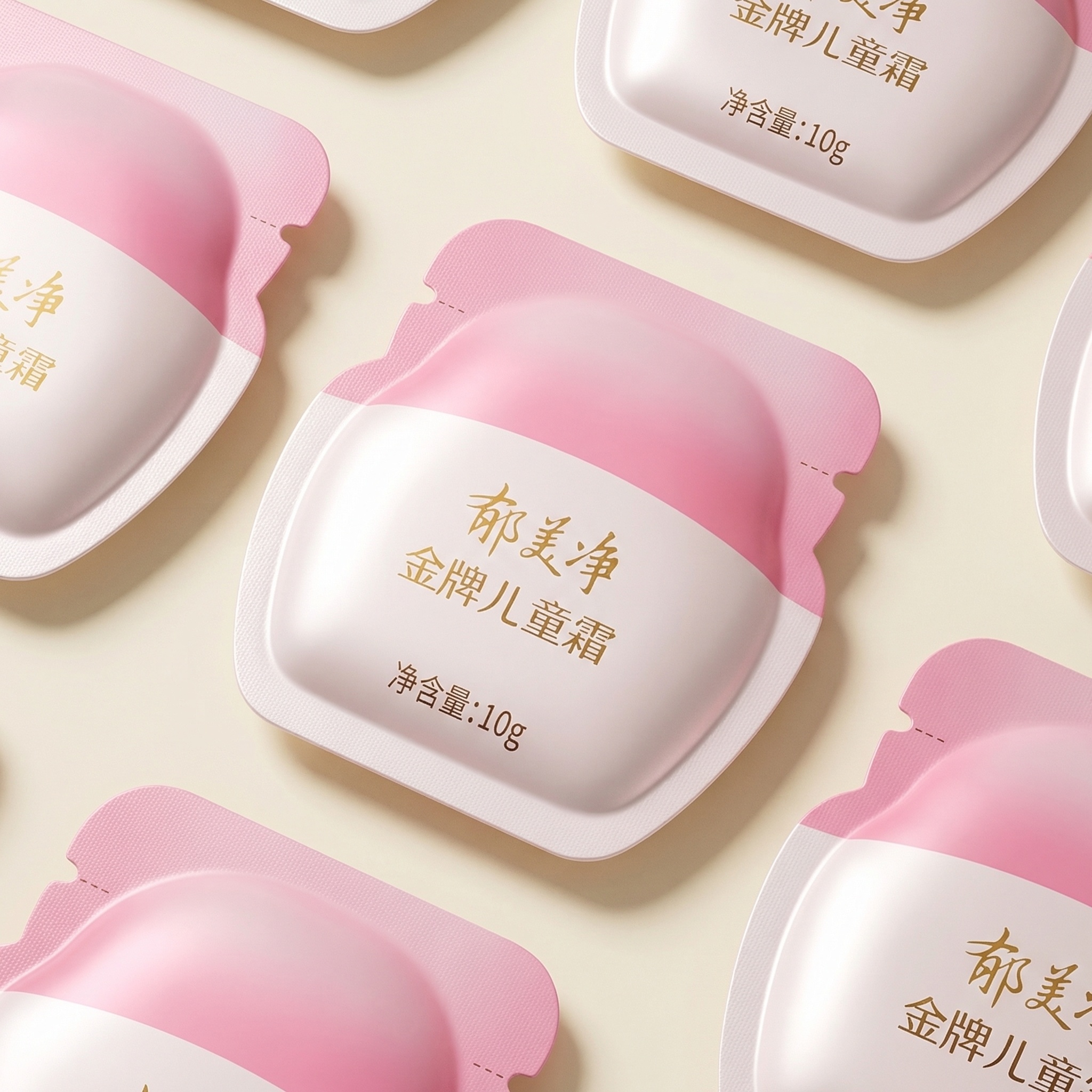 参考郁美净金牌儿童霜原瓶的粉白配色、弧度和形状，设计一款10g… - 图片创意预览