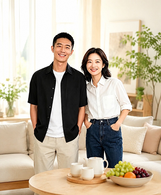 保留图中一男一女两个人物完整的姿态、体型、性别、国籍、肤色和年龄段，保持原本的家居客厅场景，更换为相似风格温馨明亮的室内家居背景，场景大类为室内客厅，整体暖调柔和自然光，全量替换背景中所有物品款式，在同品类同材质下更换不同造型：沙发更换款式、绿植更换不同品种、果盘更换不同水果、桌面茶具更换款式，保持人物和前景元素自然融入新背景，光影和原图一致为明亮暖光，整体温馨生活化氛围，4K分辨率