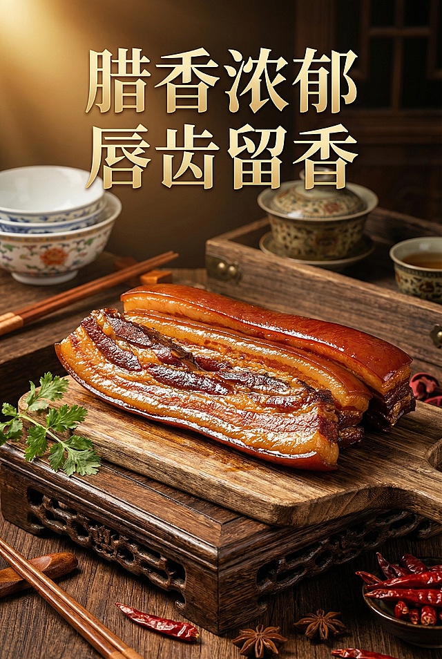 以这张广式腊肉为主体，设计高级有食欲的电商主图，添加卖点“腊香浓郁 唇齿留香”，用暖黄色聚光灯突出腊肉油亮的表皮，背景搭配深色木质展示架和精致的中式餐具，营造高端餐饮氛围