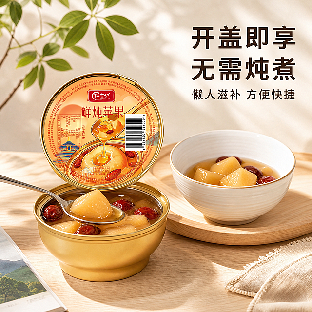 [主图-4] 即食便捷体验场景展示。
[氛围风格] 温馨生活场景，唤起日常滋补购买联想。
[画质] 自然生活感商业摄影，光线舒适，氛围感强。
[元素] 鲜炖苹果罐头放置在简约浅木餐桌上，打开盖子，勺子已经舀出一块果肉，旁边搭配干净陶瓷碗，模拟直接食用场景。背景为柔和浅米色墙面，点缀一片绿植叶子，整体温馨干净，保持产品外观与输入图一致。保持任言记鲜炖苹果罐头外观与输入产品图绝对一致，杜绝任何变形和色差，精细化处理。
[光影] 上午窗边柔和自然光，暖调，营造轻松舒适的生活氛围感。
[配色] 浅木色+暖米色，搭配产品金色，整体温馨治愈。
[视角构图] 略带俯视的生活视角，场景层次清晰，主体产品突出。
[文字版式] 右上角文案"开盖即享 无需炖煮"，深棕色粗体大字，小字补充"懒人滋补 方便快捷"，排版简洁，不遮挡产品主体。
[输出要求] 1:1比例，文字清晰可辨，超高清商业摄影质感。
[负向提示词] 变形，文字错乱，产品图模糊，背景杂乱，水印，电商平台Logo