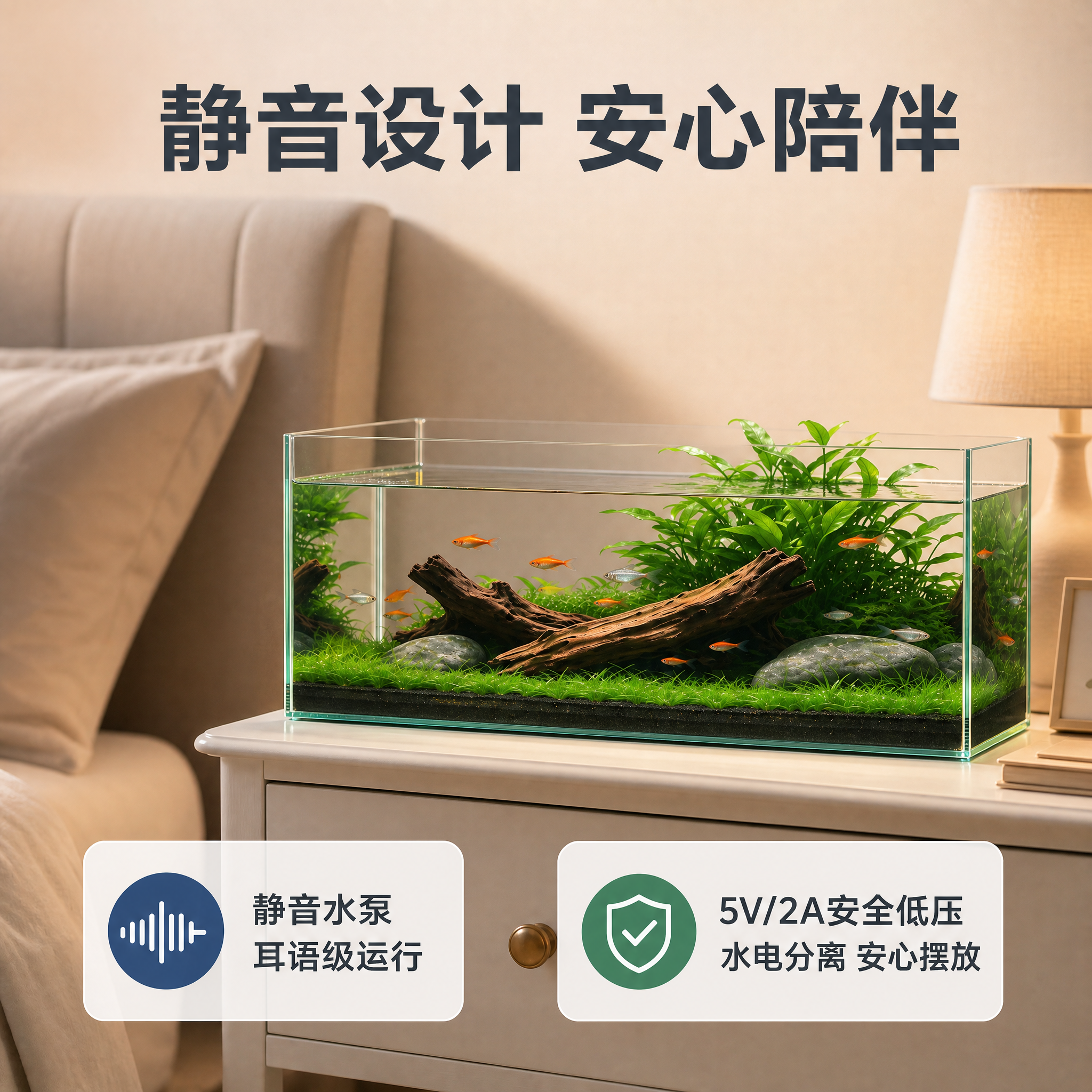 [主图-4] 鱼缸 静音设计与安全低压卖点图 卧室书房安心陪伴… - 图片创意预览