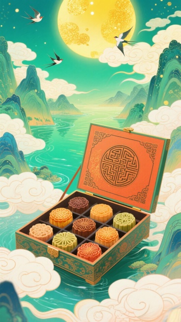 主体是古风食盒盛满各式月饼，盒面刻中秋纹样，背景是青绿山水，空中飘青绿渐变祥云与飞鸟，亮黄太阳洒下光斑，色彩丰富具梦幻感预览效果