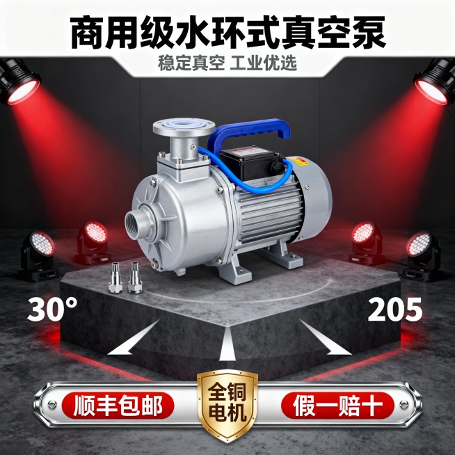 生成3张水环式真空泵电商主图，包含顺丰包邮，全铜电机，假一赔十。预览效果