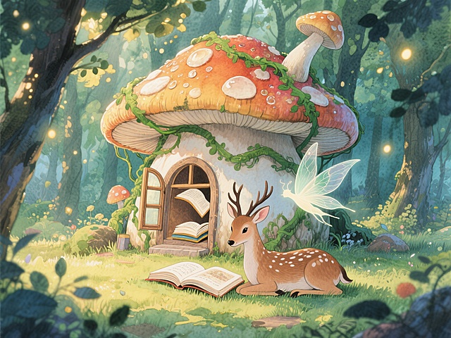 梦幻森林中的童话小屋，水彩风与轻拟物结合，温馨柔和的插画风格，鹿与精灵共读，充满清新与卡通感。
