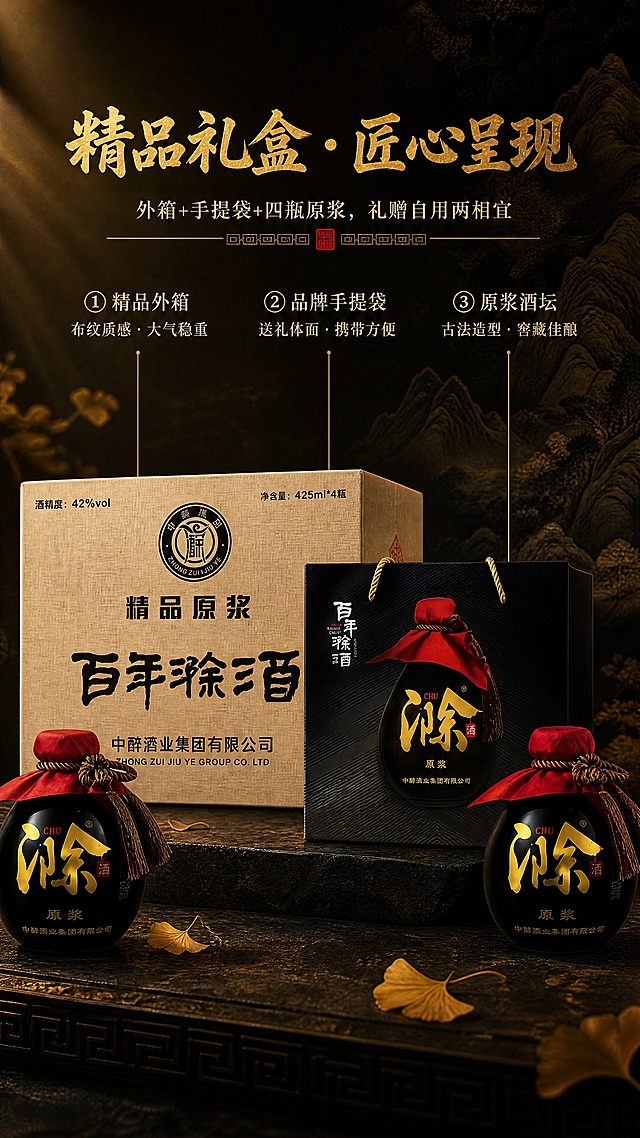 [商品] 使用【图1】百年滁酒完整礼盒套装；保留外箱（米黄布纹、黑色书法字、中醉集团Logo、42%vol、425ml*4瓶）、手提袋（黑底斜纹、红布封口酒瓶图案、金色"滁"字）、黑坛酒瓶（黑色坛身、金色"滁"字、红布封口、麻绳流苏、"原浆"字样）的全部结构、颜色、材质、Logo和包装文字；商品处理：清晰化所有包装文字，增强各材质质感（布纹、釉面、纸质），统一光影。
[画面] 目标：包装全家福展示，呈现礼盒完整规格与高端质感。中心陈列构图，画面中央为外箱（后方）、手提袋（中间偏右）、两瓶黑坛酒（前方左右对称）呈阶梯式层次陈列，完整展示礼盒三件套，产品占画面70%。背景为深墨色渐变+暗金纹理，底部有深色台面承托，左侧有暖光侧打，右侧有柔和轮廓光，凸显礼盒的高端质感与层次。前景散落几片金色银杏叶点缀。
[视觉] 套系策略：风格=东方雅致国风高端白酒商业摄影；标题字=书法宋体粗体；正文字=现代宋体细体；主色=深墨黑+暗金；背景延展=基于深墨黑做渐变层次、暗金纹理、中式山水意境底纹；强调色=朱砂红，仅用于小面积印章、标签、点缀光效；标题色=暗金色；正文色=米白浅金；组件=暗金细线引线、朱砂红印章式标签、中式回纹边框；光影=左前侧暖金柔光，侧逆光勾勒产品轮廓。
[文字] 顶部主标题：精品礼盒 · 匠心呈现；副标题：外箱+手提袋+四瓶原浆，礼赠自用两相宜；下方配引线标注各部件：① 精品外箱（布纹质感·大气稳重）；② 品牌手提袋（送礼体面·携带方便）；③ 原浆酒坛（古法造型·窖藏佳酿）；全部横排，字号清晰，不遮挡产品主体。
[规格] 图片比例9:16竖版，4K分辨率，京东平台适配，避免变形、错字、文字过小、冷蓝背景、产品颜色改变、包装文字错乱、极限词。