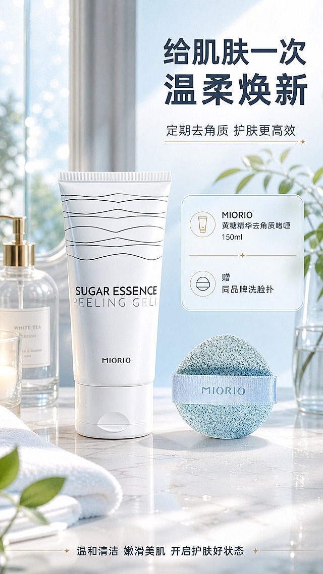 [商品] 使用【图3】MIORIO 黄糖精华去角质啫喱主图产品 + 同品牌洗脸扑赠品；保留产品管身外观、MIORIO Logo、英文品名、波浪线条、白色瓶盖，以及洗脸扑的浅蓝海绵质感与 MIORIO 织带；产品与赠品组合摆放，外观与参考一致。
[画面] 场景化种草收尾，单场景沉浸型，目标营造日常护肤仪式感并引导下单。清晨浴室/梳妆台场景，阳光从窗边斜照，产品与洗脸扑置于大理石台面上，周围有香薰、绿植叶片、毛巾等生活道具；产品位于画面中央偏左，赠品在右侧呼应"买即赠"；背景柔焦窗外光线，整体氛围温暖治愈，≥3 层视觉层次。
[视觉] 套系策略：风格=清透高级护肤商业摄影风；标题字=现代无衬线粗体中文；正文字=简洁无衬线体；主色=清透蓝白；背景延展=基于浅蓝到纯白的水光渐变、柔雾质感与玻璃/水膜反光；强调色=浅金，仅用于小面积升级徽章、引线和高光点缀；标题色=深炭灰蓝；正文色=中灰蓝；组件=圆角浅底信息卡、细线引线、胶囊标签；光影=左前侧柔白光，产品边缘带轮廓光。
[文字] 右上主标题"给肌肤一次温柔焕新"，副标题"定期去角质 护肤更高效"；下方信息卡写："MIORIO 黄糖精华去角质啫喱 150ml"、"赠 同品牌洗脸扑"；底部小字"温和清洁 嫩滑美肌 开启护肤好状态"；全部横排，不遮挡产品主体。
[规格] 单屏比例 9:16，分辨率 2K，淘宝/天猫详情页风格，中文文案，避免平台 Logo、二维码、绝对化用语、包装文字错乱。