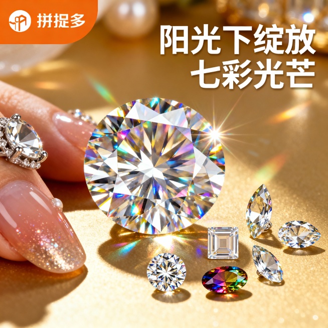 图片这款产品是莫桑石裸钻，我在拼多多卖这款产品，请以我提供的产品图片为主图主体设计20张相关的电商主图。
1.主图卖点： 火彩璀璨，闪耀夺目，在阳光下绽放七彩光芒，每一个角度都闪耀着迷人的光彩，让你成预览效果