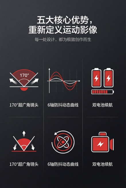 2:3竖屏，杂志式分栏排版，不展示完整产品，以图标化可视化呈现核心卖点。主标题：「五大核心优势，重新定义运动影像」，副标题：「每一处设计，都为极致创作而生」。左侧为170°超广角镜头示意图，中间为6轴预览效果