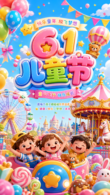 六一儿童节主题海报，色彩明亮活泼，包含气球、游乐园元素，有“6.1儿童节”艺术字体，童趣满满预览效果
