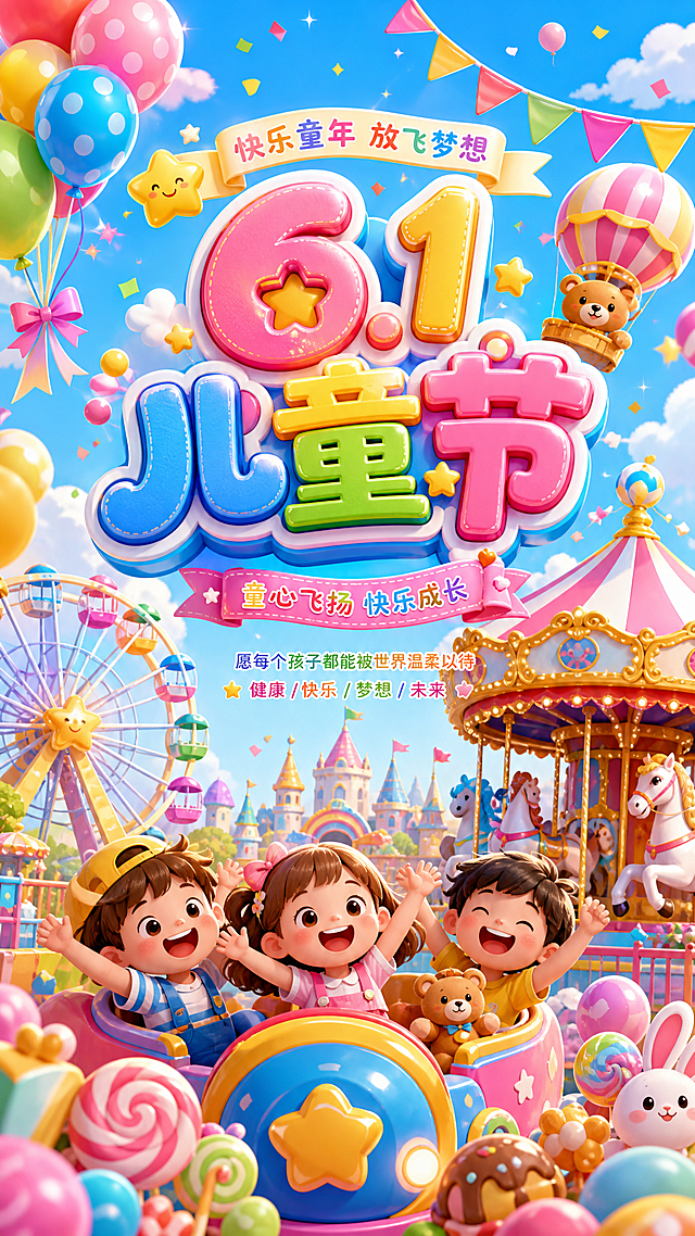 六一儿童节主题海报，色彩明亮活泼，包含气球、游乐园元素，有“6.1儿童节”艺术字体，童趣满满