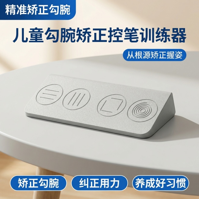 基于原图的儿童勾腕矫正控笔训练器，保持产品外观与原图完全一致，放置在简洁干净的浅灰色桌面场景中，浅暖自然光漫射，整体风格简洁有力、抓眼球。左上角悬浮文案"精准矫正勾腕"，主标题"儿童勾腕矫正控笔训练器预览效果