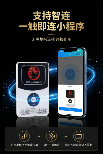 竖屏电商详情图第5屏，杂志级场景排版，科技风，黑金底色加蓝色点缀，顶部居中放主标题"支持智连 一触即连小程序"，主标题下是副标题"无需复杂流程 连接即用"，中间展示严格还原的NFC读卡器产品图和手机小预览效果