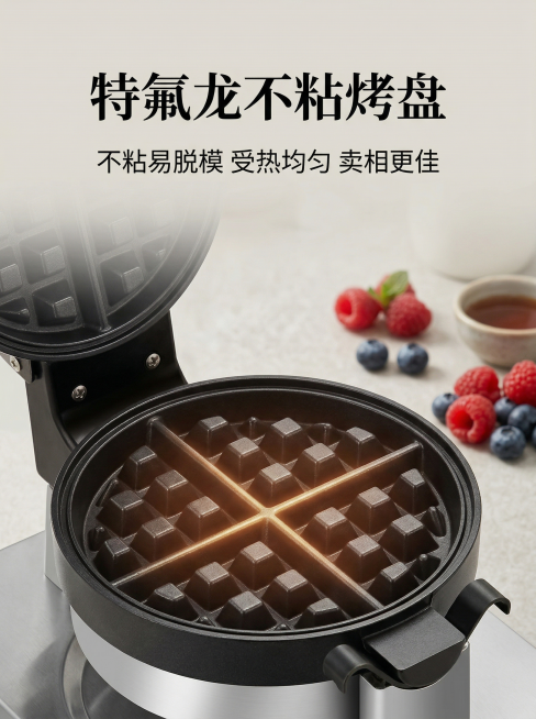 一张3:4商用旋转华夫炉特氟龙不粘烤盘卖点图，温馨商用风格，浅暖灰色温馨背景，烤盘特写居中展示，保持原有烤盘结构不变，背景虚化点缀新鲜浆果烘托食欲。主标题 "特氟龙不粘烤盘" 黑色大字体顶部居中，副标预览效果