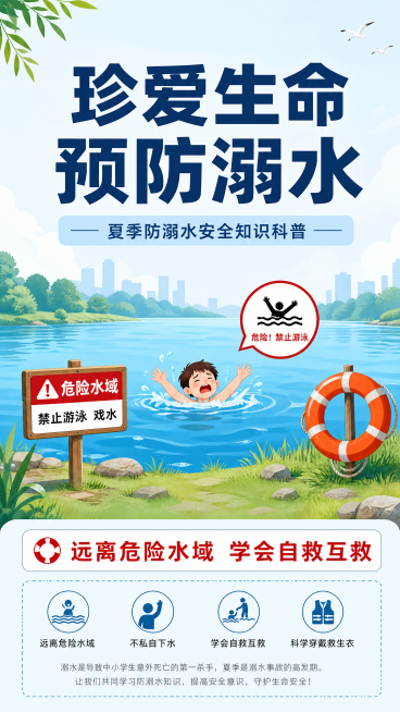 [第1屏] 防溺水安全教育公众号长图头图，公益科普宣传海报
[氛围/风格] 专业严肃的公益科普风格，蓝色安全主题配色，清晰明亮，图文信息层级分明，适合移动端阅读
[元素布局] 画面顶部为大标题区域，中预览效果