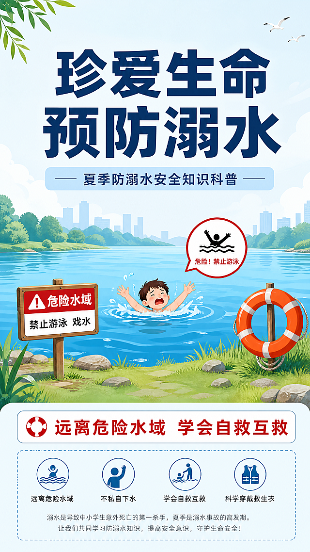 [第1屏] 防溺水安全教育公众号长图头图，公益科普宣传海报
[氛围/风格] 专业严肃的公益科普风格，蓝色安全主题配色，清晰明亮，图文信息层级分明，适合移动端阅读
[元素布局] 画面顶部为大标题区域，中间主体位置展示危险水域警示场景，包含河边、溺水风险示意图标，底部预留简介区域。整体排版从上到下依次为标题、主视觉图、核心提示文字，比例协调，内容饱满，所有文字清晰不拥挤。
[光影质感] 整体光线均匀明亮，蓝色背景干净清透，文字对比清晰，重点内容突出醒目
[配色色系] 全局底色#E8F4F8（浅青蓝），主标题文字深蓝色#1A3A5C，警示元素红色#DC3545，辅助文字深灰色#333333
[视角构图] 纵向垂直构图，从上到下符合手机阅读顺序，主视觉占画面40%区域，信息分区清晰，留足呼吸感
[文字版式] 顶部大主标题 "珍爱生命 预防溺水"，字体加粗放大居中；副标题 "夏季防溺水安全知识科普"，小一号字号放在主标题下方；底部核心提示 "远离危险水域 学会自救互救"，用信息条白底红字展示；所有文字清晰可读，排版层次分明，不遮挡主视觉图
[比例分辨率] 宽高比9:16，4K超高清分辨率，文字清晰可辨
[负向提示词] 文字错乱，排版拥挤，颜色刺眼，构图混乱，水印，变形，缺字漏字，背景杂乱