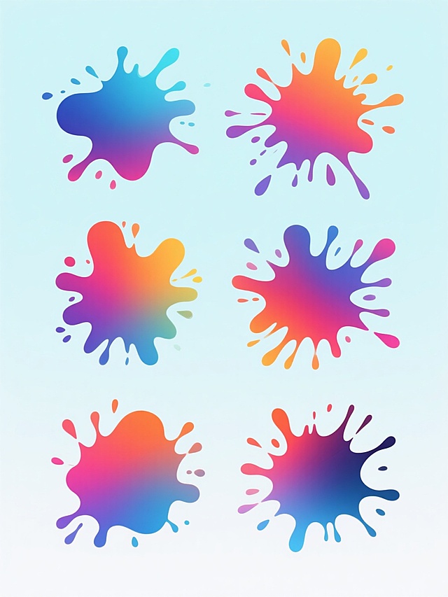 一组六个完全不同造型的泼墨元素系列素材，每个泼墨造型独特，色彩各异，均采用纯色彩背景，保持数字艺术的平滑过渡质感，整体呈现出简约现代的设计感，规整排布，无任何文字。