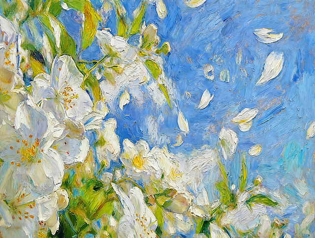 参考图二的柔和朦胧印象派油画风格，重绘图一的白色茉莉花与蓝天，保留松散笔触和清新淡彩氛围