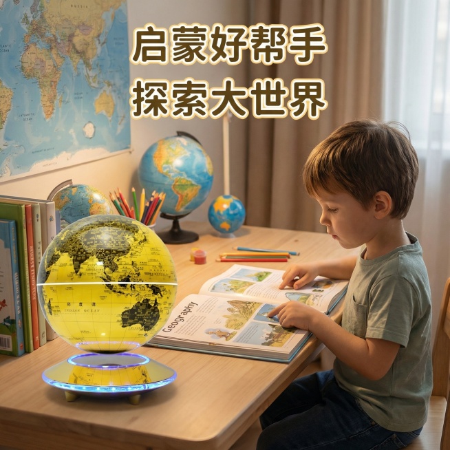 场景拓展图2：磁悬浮地球仪放置在儿童房书桌，孩子在地球仪旁阅读地理书籍，文案"启蒙好帮手 探索大世界"，突出产品的教育属性预览效果