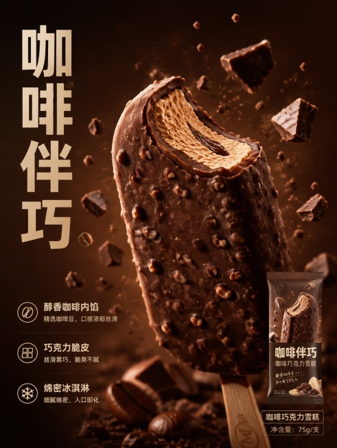 竖版雪糕产品商业宣传海报，高级写实美食摄影风格，深棕咖啡色暗调背景。画面视觉中心是被咬开一口的巧克力脆皮雪糕，露出细腻咖啡内馅，四周悬浮散落巧克力碎块；画面左侧竖排粗体米色标题“咖啡伴巧”，标题下方摆预览效果