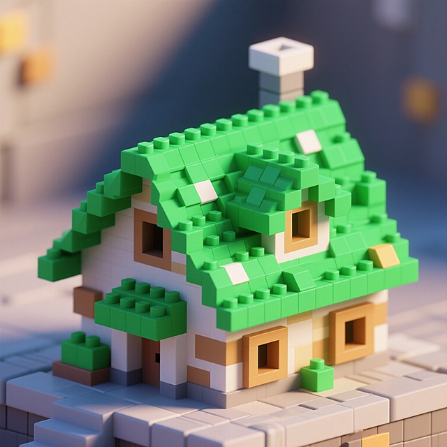 一个绿色屋顶的3D像素风格场景，屋顶呈现出鲜明的绿色，由一个个立体的像素块构成，细节丰富，光影效果自然，营造出独特的像素艺术氛围