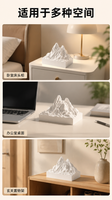 [第7屏] 多场景适用-适用场景展示。
[氛围/风格] 多格拼图展示，温馨自然，不同场景氛围感统一，简约高级。
[元素布局] 采用三格竖向拼图，分别展示三个核心场景：第一格「卧室床头柜」产品放置在白色预览效果