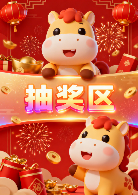 马年新春主题A3尺寸海报，融入Q版小马动漫元素，画面活泼可爱，中间横向呈现带特效的“抽奖区”三个大字，整体风格充满新春喜庆氛围预览效果