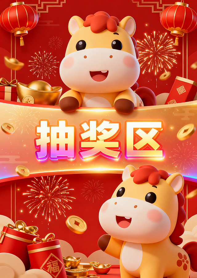 马年新春主题A3尺寸海报，融入Q版小马动漫元素，画面活泼可爱，中间横向呈现带特效的“抽奖区”三个大字，整体风格充满新春喜庆氛围