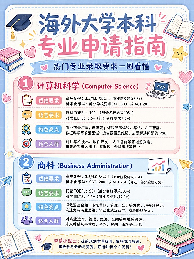 清新手绘风格教育信息图，竖版3比4比例，马卡龙淡蓝淡粉配色，圆角卡片式排版，四周有书本、学士帽、星星、爱心等可爱手绘贴纸装饰。顶部大标题为海外大学本科专业申请指南，副标题为热门专业录取要求一图看懂。主体内容分为两个彩色卡片板块，每个板块包含专业名称、成绩要求、语言要求、特色亮点四个信息项。文字清晰易读，版式精美整齐，信息完整填充，无空白区域，整体风格可爱治愈适合学生群体。