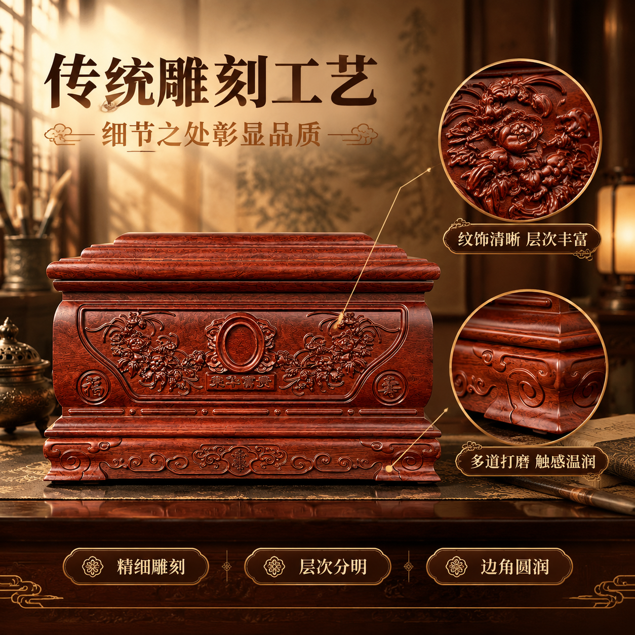 [主图-4 工艺细节] 展示传统木雕工艺与多道打磨工艺，突出雕… - 图片创意预览