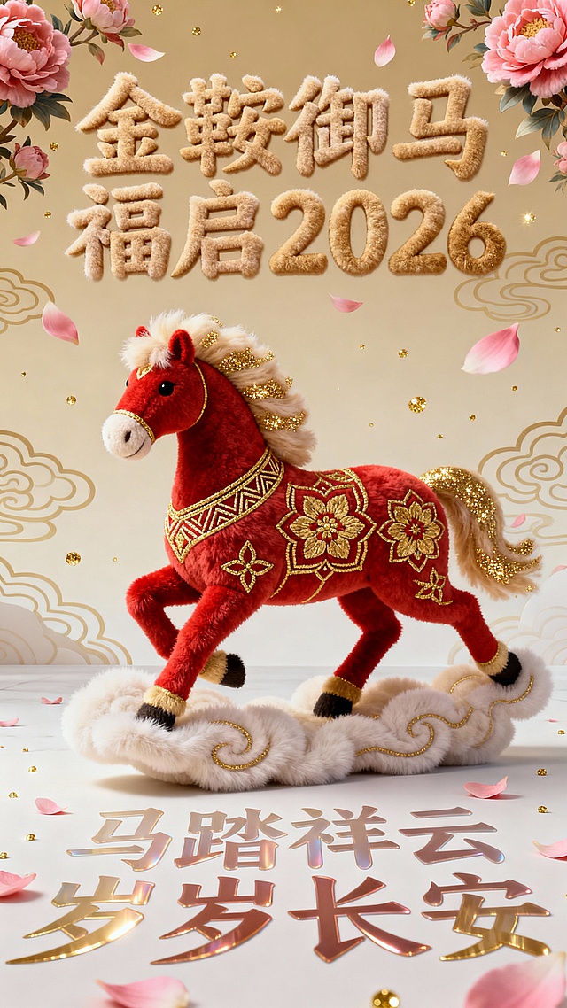 画面视觉中心是剪纸造型的毛绒马（通体红金撞色，表面装饰金线刺绣宝相花与几何纹样，鬃毛蓬松带金粉质感，呈腾云踏祥姿态）。背景为浅米金渐变底 + 淡金祥云暗纹，点缀飘落的粉色毛绒牡丹花瓣与金色光粒。主标题是毛绒艺术字 “金鞍御马 福启 2026”，字体蓬松有绒感，背景地面上有 3D 透视毛绒隶书大字 “马踏祥云 岁岁长安”，字体温润有光泽。整体以红、金、米白为主色调，融入新春花海元素，喜庆又雅致。
