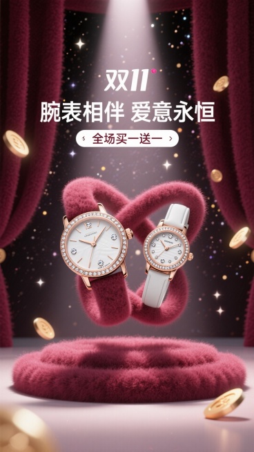 海报采用深邃的勃艮第酒红色背景，犹如天鹅绒幕布。画面中央，一道光束打下，聚焦于一对优雅交叉的男女款奢华腕表。表盘上的钻石与金属细节在光线下熠熠生辉，仿佛悬浮于璀璨星河之中。背景中若隐若现的金色光斑，如预览效果