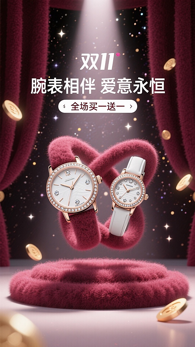 海报采用深邃的勃艮第酒红色背景，犹如天鹅绒幕布。画面中央，一道光束打下，聚焦于一对优雅交叉的男女款奢华腕表。表盘上的钻石与金属细节在光线下熠熠生辉，仿佛悬浮于璀璨星河之中。背景中若隐若现的金色光斑，如同繁星点点。
白色的双11logo，白色的主标题“腕表相伴 爱意永恒”，悬浮于手表上方，与副标题“全场买一送一”形成大小和字重的对比，整体感觉高端、浪漫且充满仪式感。