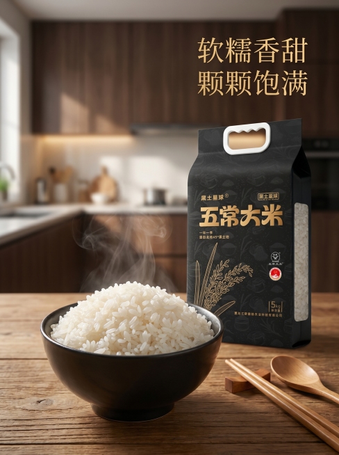 [主图 4] 五常大米烹饪场景体验图，黑金色高级风。
[氛围风格] 温馨生活氛围感，诱人食欲，高级质感；
[质感] 商业摄影质感，光线柔和通透，产品清晰真实，画面干净高级。
[元素] 一碗煮好的五常大预览效果